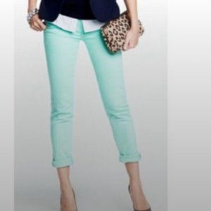 J. CREW, SZ 31, "TOOTHPICK" JEANS, TURQUOISE WASH (GREENISH BLUE), COTTON